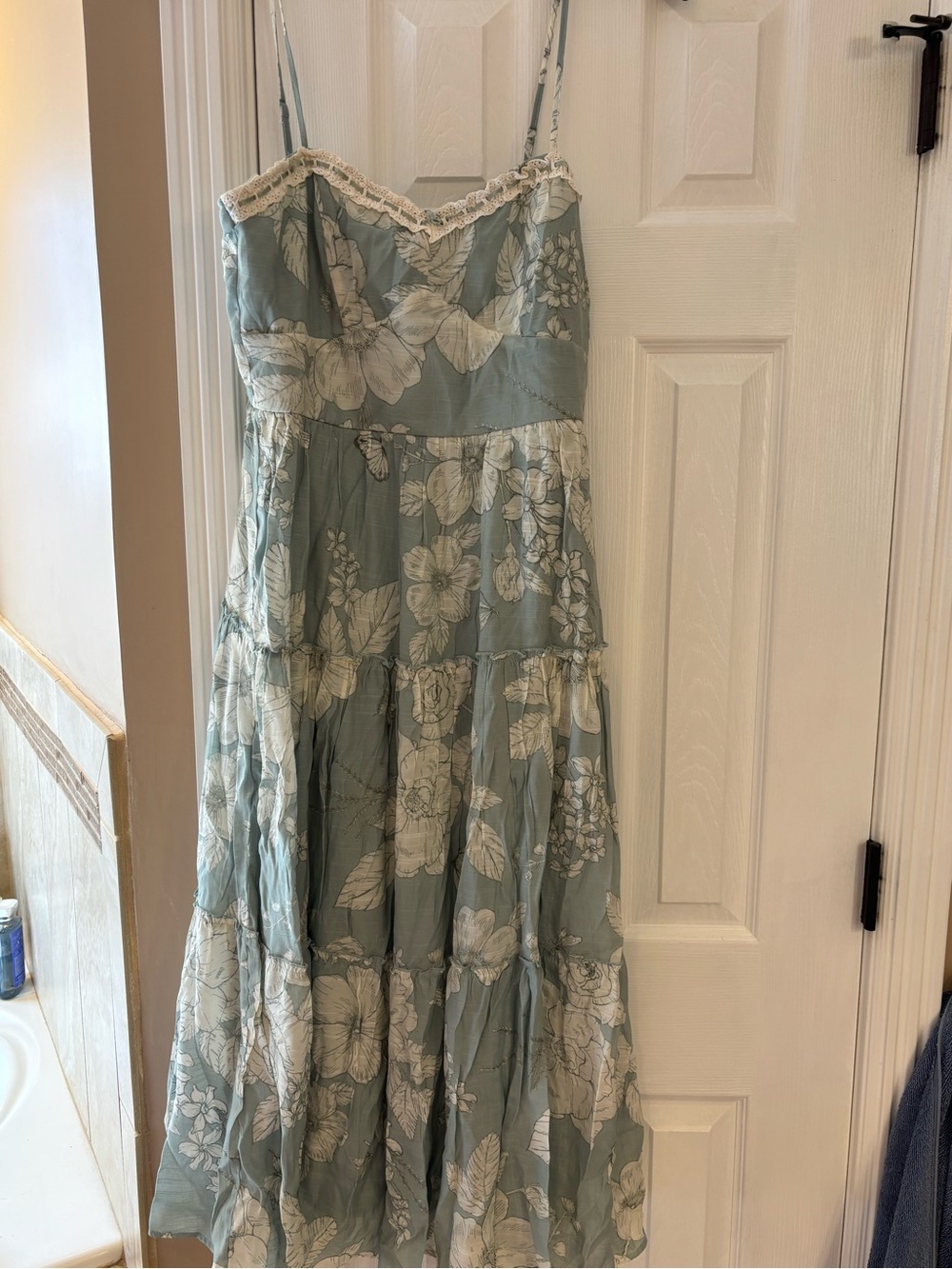 Trixxi Sage Green Floral Tiered Maxi Dress with White Print